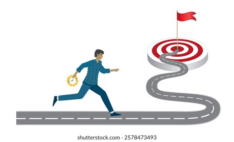 Man running to  his goal on winding road, bringing his clock. Vector illustration.