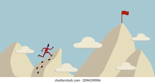 Man running to his goal at the top of the mountain. Adventure or business progress concept