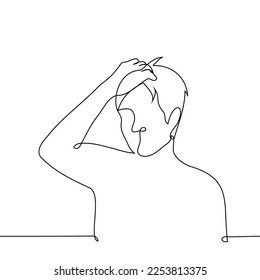 man running his hand through his hair - one line drawing vector. the concept of preening, removing the bangs from the forehead