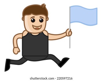 Man Running Holding a Flag in Hand - Cartoon Vector