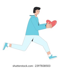 Man running and holding in his hands gift in heart shape. Valentine's Day present. Care and love. Vector flat outline illustration
