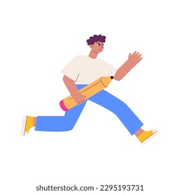 Man running and holding a pencil. Vector flat illustration on isolated background. Young student character