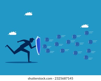 man running holding a protective shield and resisting negative thoughts
