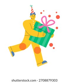 Homem correndo segura uma enorme caixa de presente. Ilustração vetorial colorida 
