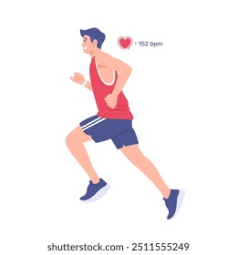 Man running with indicator beat per minutes of heart flat illustration in isolated background. healthy man cartoon vector illustration
