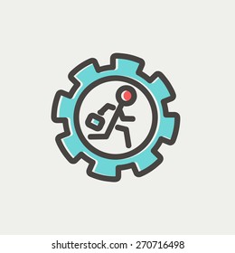 Man running inside the gear icon thin line for web and mobile, modern minimalistic flat design. Vector icon with dark grey outline and offset colour on light grey background.