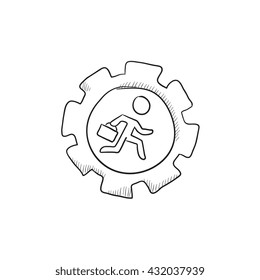 Hombre corriendo dentro del icono de esbozo del vector de engranajes aislado en el fondo. Hombre dibujado a mano corriendo dentro del icono del engranaje. Hombre corriendo dentro del icono del esbozo de engranajes para infografía, sitio web o aplicación.