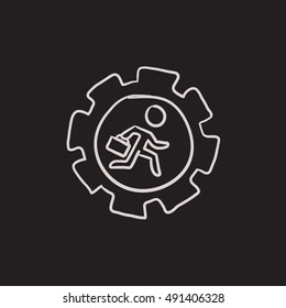 Man running inside the gear  vector sketch icon isolated on background. Hand drawn Man running inside the gear  icon. Man running inside the gear  sketch icon for infographic, website or app.