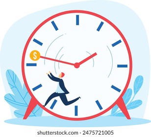 Man running inside giant clock chasing coin business concept. Time management money chasing deadline stress illustration. Flat design employee running after dollar time pressure financial pursuit