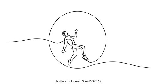 A man running inside a large ball in continuous one line drawing. Depicting perseverance, endless effort, and overcoming life’s challenges. Vector illustration.