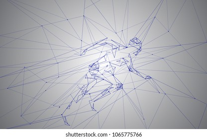 Man running isolated on gray background.  For web site, artificial intelligence, wallpaper, poster, placard, cover and print materials. Creative art, modern abstract concept