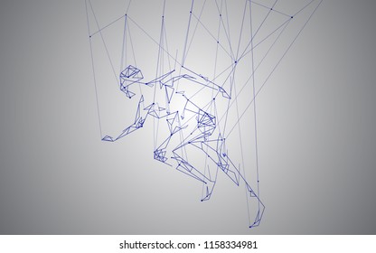 Man running isolated on gray background.  For web site, artificial intelligence, wallpaper, poster, placard, cover and print materials. Creative art, modern abstract concept