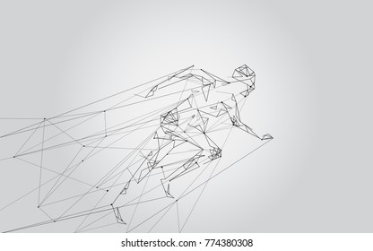 Man running isolated on gray background.  For web site, artificial intelligence, wallpaper, poster, placard, cover and print materials. Creative art, modern abstract concept