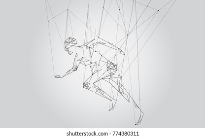 Man running isolated on gray background.  For web site, artificial intelligence, wallpaper, poster, placard, cover and print materials. Creative art, modern abstract concept