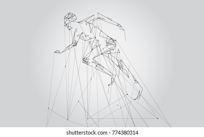 Man running isolated on gray background.  For web site, artificial intelligence, wallpaper, poster, placard, cover and print materials. Creative art, modern abstract concept