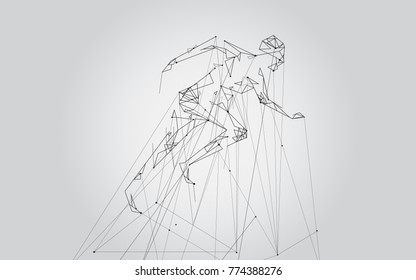 Man running isolated on gray background. For web site, artificial intelligence, wallpaper, poster, placard, cover and print materials. Creative art, modern abstract concept