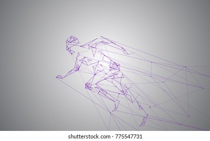 Man running isolated on gray background.  For web site, artificial intelligence, wallpaper, poster, placard, cover and print materials. Creative art, modern abstract concept