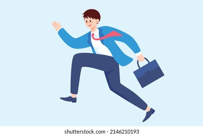 Man running to job interview with computer data in background, vector illustration