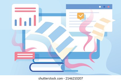 Man running to job interview with computer data in background, vector illustration