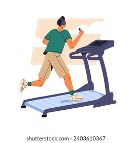 Hombre corriendo, trotando con equipos deportivos, cinta de correr. La gente escucha música con auriculares, se pone en forma. Entrenamiento de jogger, entrenamiento cardiovascular en gimnasia. Ilustración vectorial aislada plana en blanco