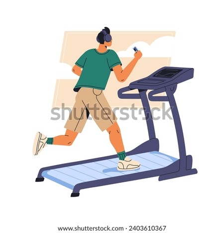 Man running, jogging on sport equipment, treadmill. People listening music in headphones, go fitness. Jogger training endurance, does cardio workout in gym. Flat isolated vector illustration on white