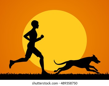 Man running jogging training exercising with his dog vector illustration 