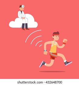 Man Running Jogging With A Wrist Smartwatch. Doctor Hovering Near On A Computer Cloud Collecting Essential Patient Health Data To Provide Health Care. Flat Style Vector Illustration Clipart.