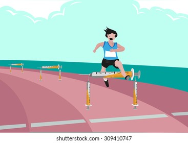 Man Running and Jumping Over Hurdles made of Syringe. Editable Clip Art.
