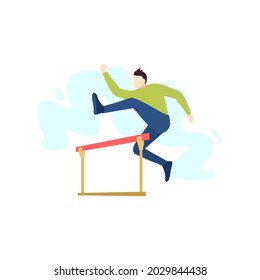 man is running and jumping over obstacles sport people character flat design vector illustration