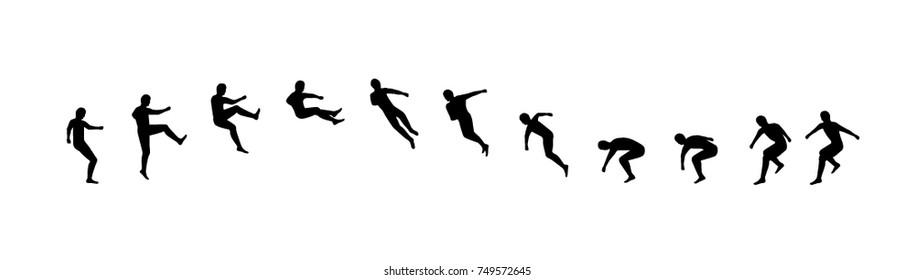 Man running and jumping sequence vector illustration frames collection. Acrobatic sport animation shapes