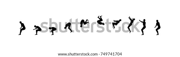 Man running and jumping\
sequence vector illustration frames collection. Acrobatic sport\
animation shapes