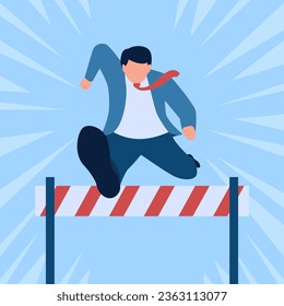 Man running jumps over obstacles in front of him, business challenge metaphor