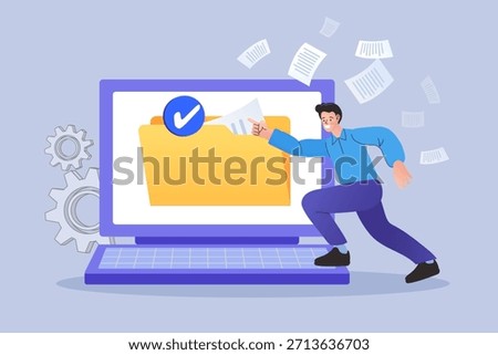 Man running from laptop pointing at yellow folder with checkmark. Concept of successful document submission, fast digital file management, approved online workflow task, and office data organization.