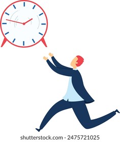 Man running late chased time giant alarm. Businessman rushing deadline panic cartoon style. Working professional time management chasing red alarm