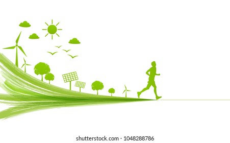 A Man Running For Leading The Green City For Go Green, Environmentally Saving And Eco Friendly Concept, Vector Illustration