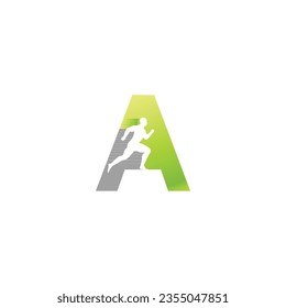 Hombre corriendo en la letra A Logo vectorial gradiente verde Tecmplate Ilustración Diseño, hombres en funcionamiento y conjunto vectorial de siluetas aisladas