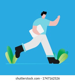 man running with letter in hand, vector flat illustration isolated on blue background. Postal services, correspondence delivery concept for web banner, website page.