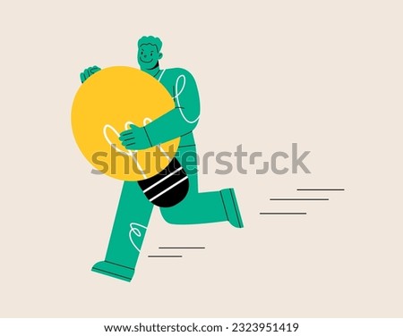 Man running with light bulb idea steal from other owner. Infringement concept. Colorful vector illustration
