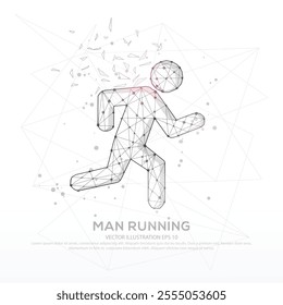 Man running line and composition digitally drawn broken a part triangle shape and scattered dots low poly wire frame on white background.