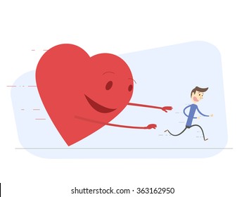 Man running from love. Heart trying to catch him