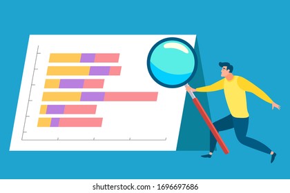 Hombre corriendo con vectores de vidrio de aumento, estadísticas y análisis de datos. Investigación e investigación de detalles. Empresario con pizarra e información