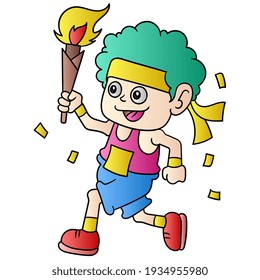 A Man Running A Marathon Carrying A Torch Of Eternal Flame With Joy, Vector Illustration Art. Doodle Icon Image Kawaii.