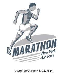Man running marathon and jogging emblems, logos, badges. Isolated vintage illustration