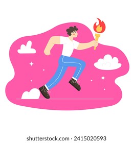 Man running marathon with torch. Vector illustration in modern flat style