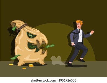 Man running from monster money stack bag. metaphor debt or tax in business finance cartoon illustration vector