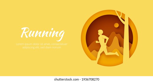 Man running in nature mountain landscape.Marathon or Trail running sport activity. Paper art vector illustration.