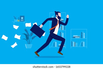 Man running in office - Modern businessman rushing out of office with papers flying from briefcase. Missing deadline, work related stress, late for meeting or work concept. Vector illustration.