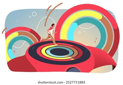 Hombre corriendo en un gran reloj de seguimiento de actividad física. Corredor persona jogging entrenamiento, reloj inteligente monitor dispositivo de fondo. Ilustración vectorial plana del concepto de la tecnología del gadget del ejercicio del deporte del entrenamiento