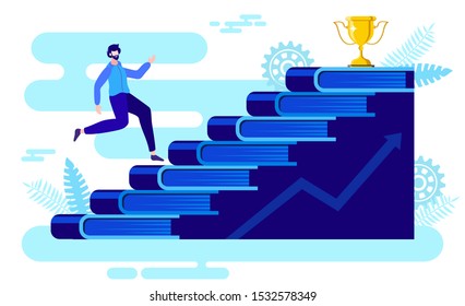 man running on books steps towards success flat vector illustration