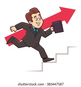 man running on the career ladder, success, cartoon character, happy, red arrow, vector illustration